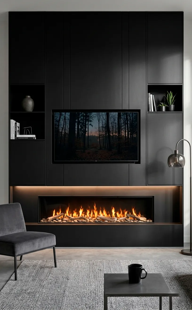 Modern matte black TV wall unit with integrated electric fireplace.