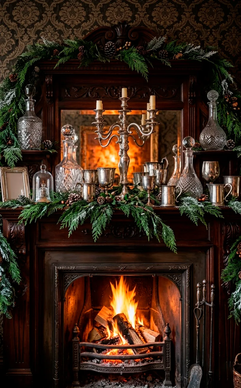 Crystal decanters and silver cups reflecting light on a Christmas mantel.