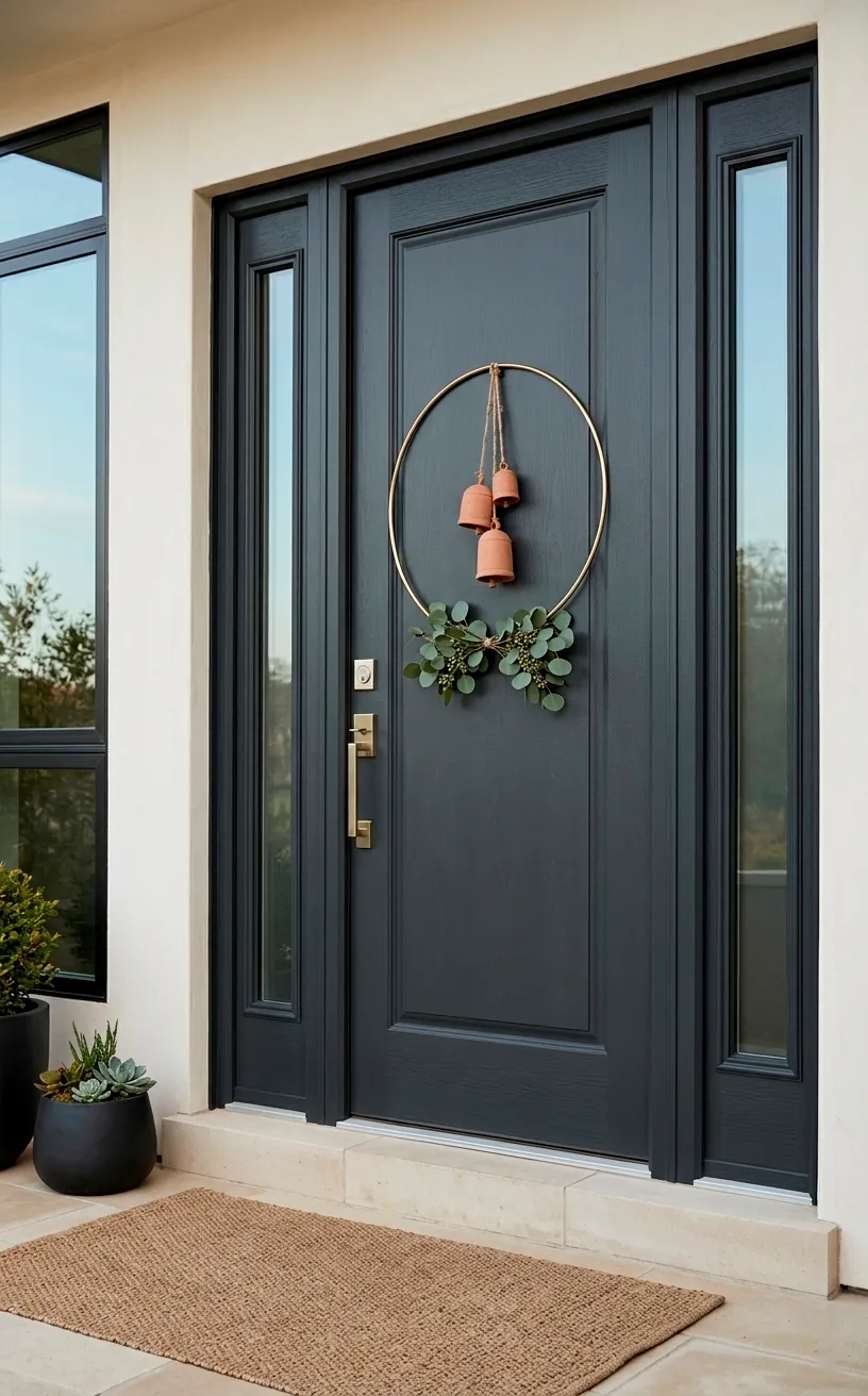 Minimalist brass hoop wreath with terracotta bells on a dark front door.