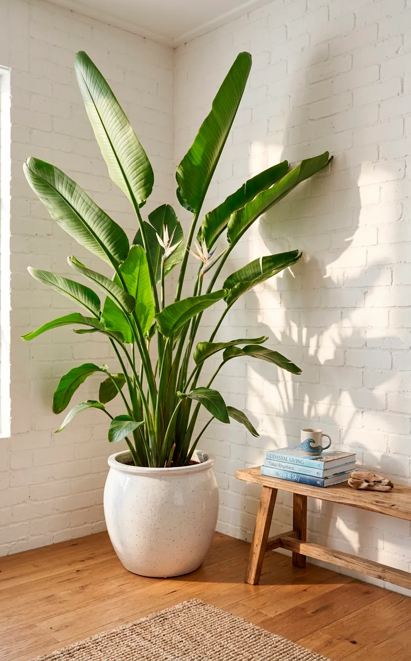 Large Bird of Paradise plant in a bright coastal studio corner.