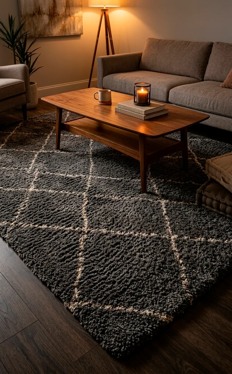 Large charcoal gray shag rug with geometric patterns in a moody living room.