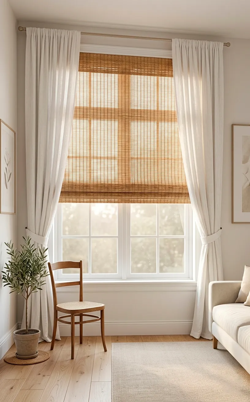 Natural woven rattan Roman shades on a large window with soft sunlight filtering through.