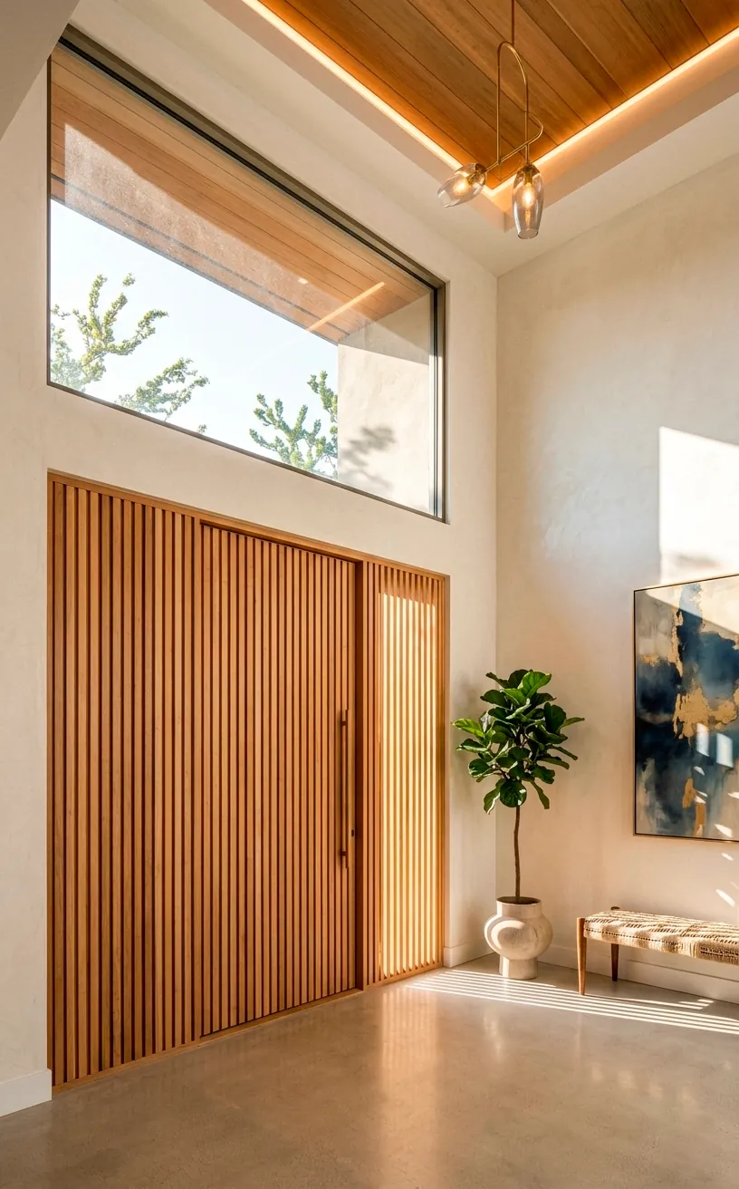 Modern wood slat door with a large glass transom window above.