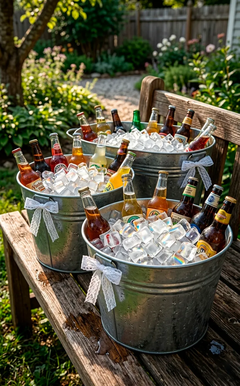 Galvanized steel buckets filled with ice and drinks at a rustic outdoor wedding.