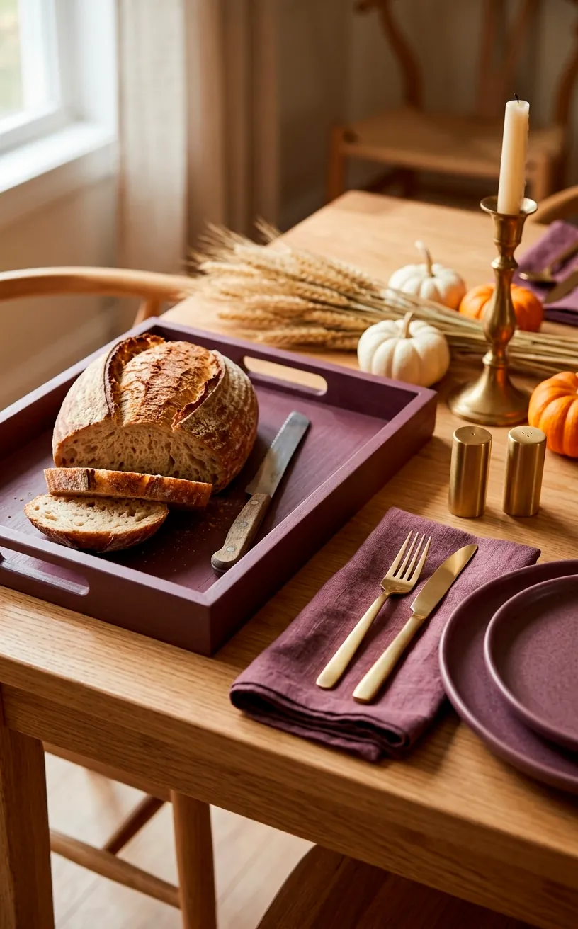 Rustic oak table with plum-stained wood tray and brushed gold shakers.