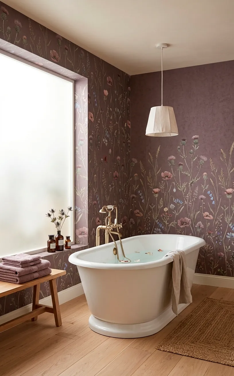 Muted mauve thistle wallpaper in a bathroom with a white freestanding tub.