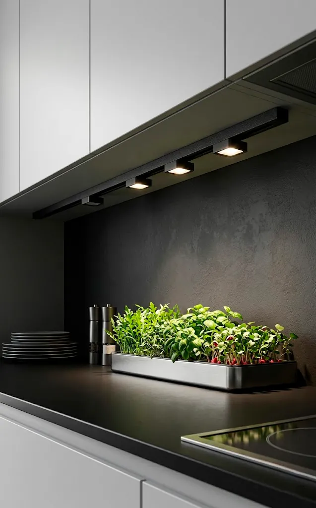 Modern magnetic track lighting system with LED plant modules under kitchen cabinets.