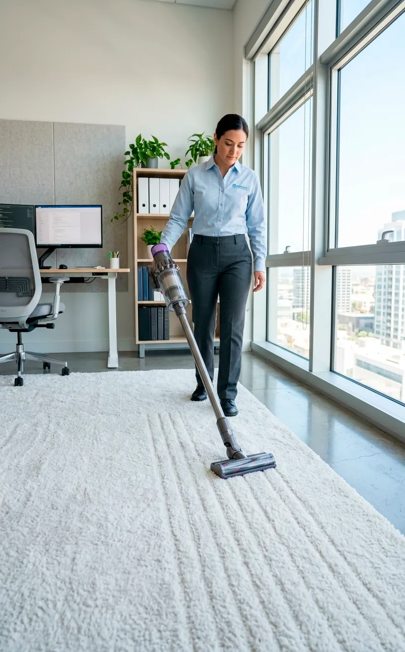 Sleek cordless vacuum cleaning a thick white rug in a sunny office.