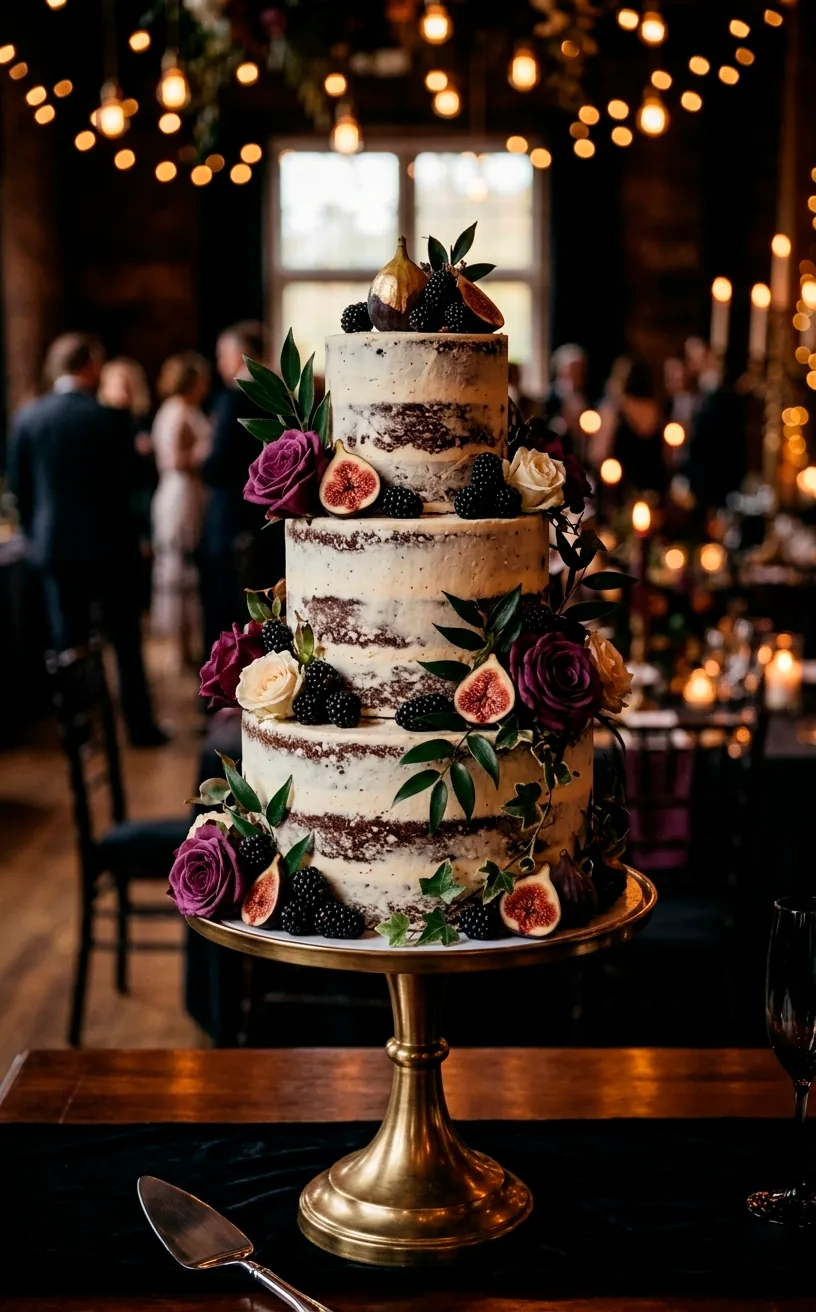 A semi-naked chocolate wedding cake decorated with figs and dark roses.