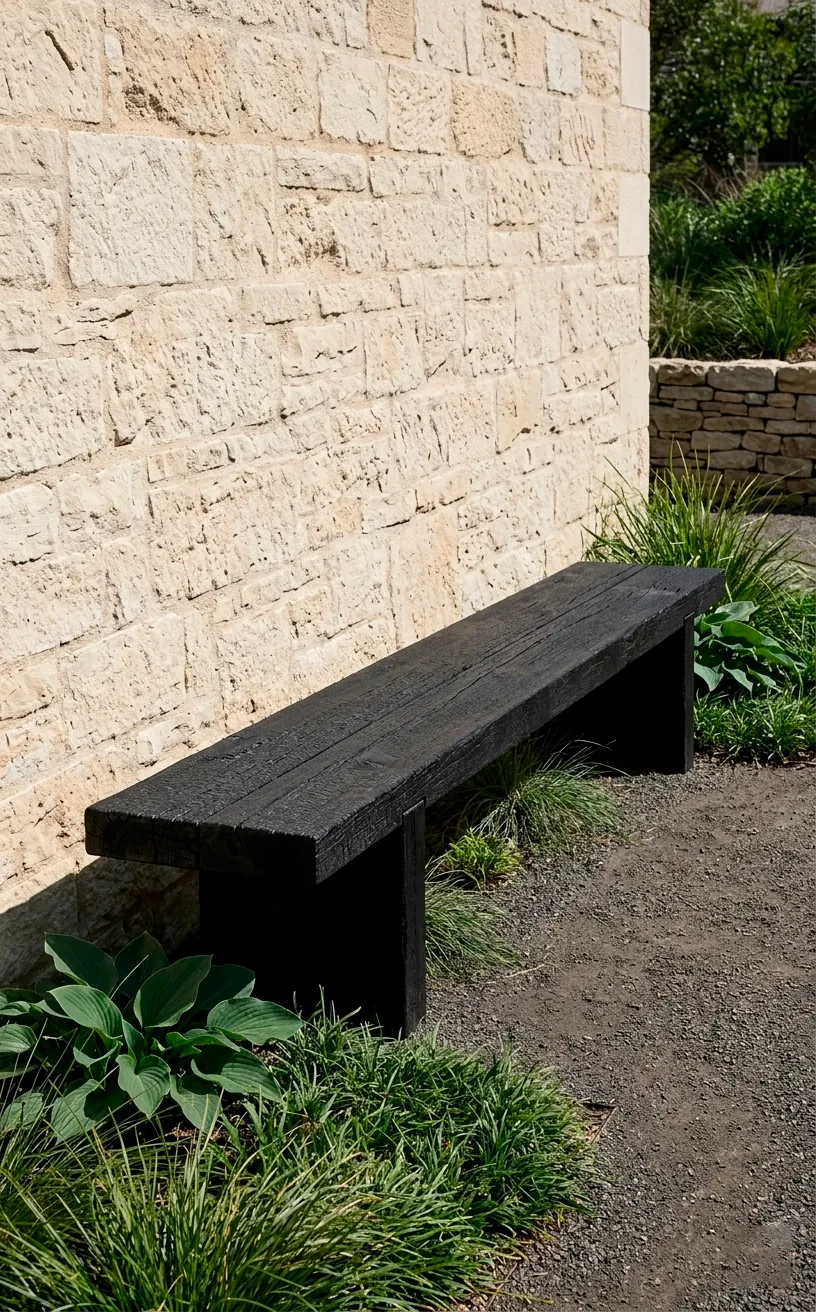 Blackened charred wood bench in a modern minimalist garden.