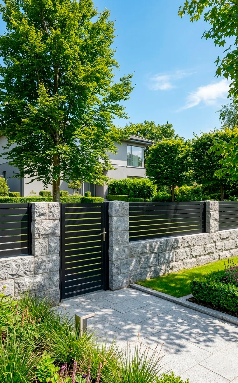 Modern horizontal black aluminum slat fence with a minimalist gate.