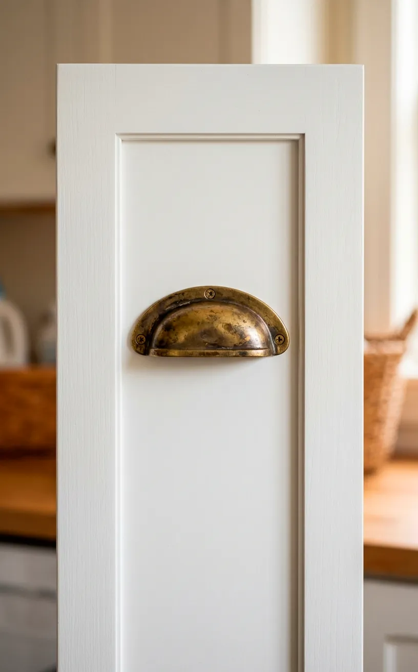 Aged brass cup pull handle on white shaker laundry cabinets.
