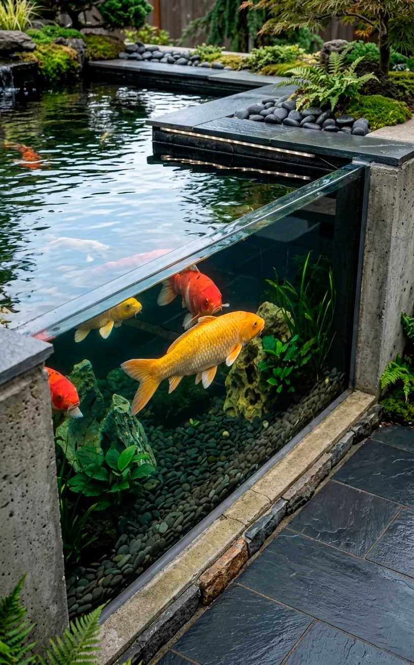 Modern koi pond with a glass observation wall showing fish swimming from a side view.