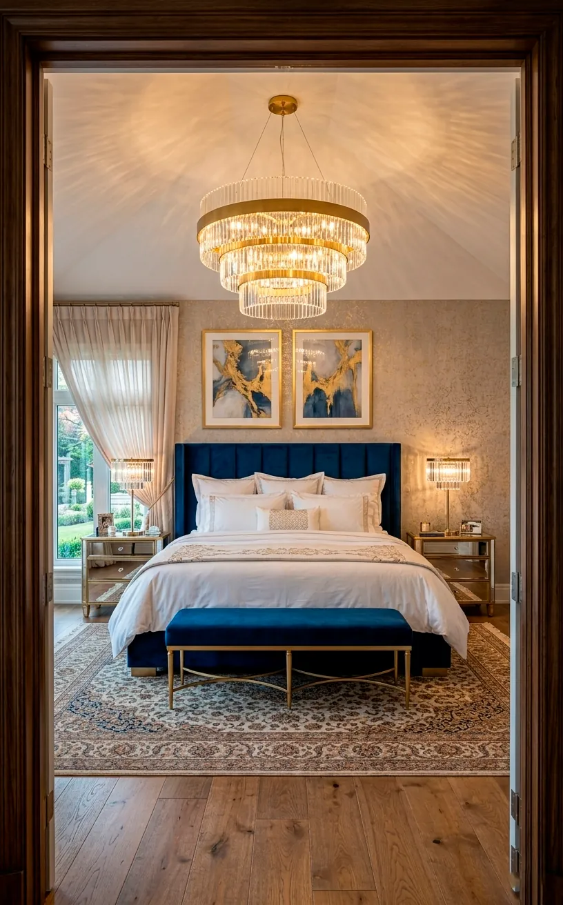 Modern gold chandelier centered over a luxury bed in a symmetrical room.