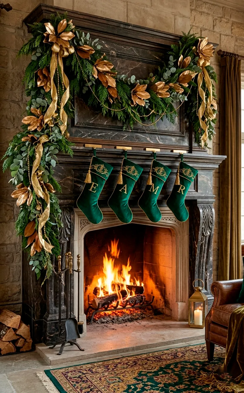 Luxury fireplace mantel with emerald and gold garland and velvet stockings.