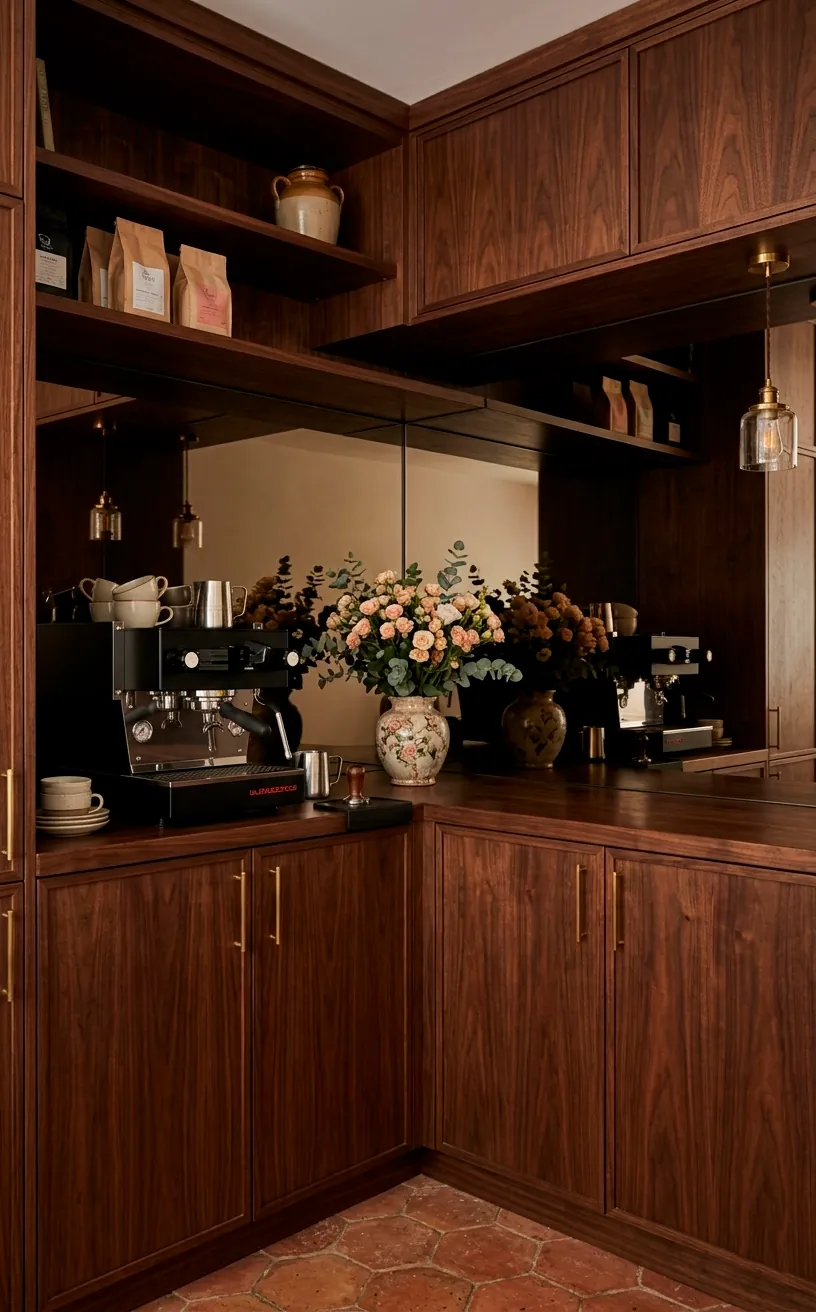 Coffee bar with dark walnut cabinets and a smoked mirror backsplash.