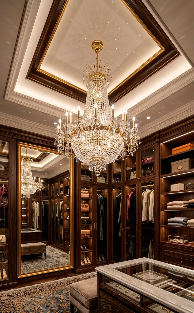 Opulent crystal chandelier in a large walk-in dressing room with high ceilings.