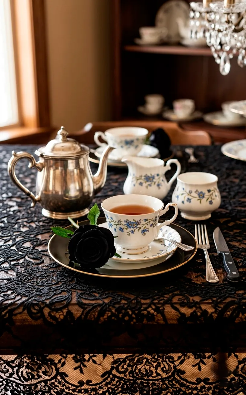 Victorian tea set on a black lace tablecloth with a black rose.