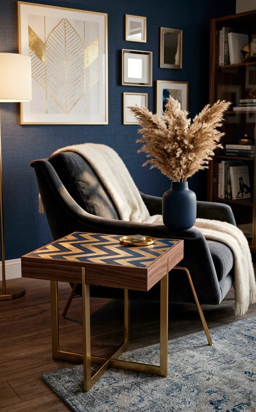 A luxury side table with a navy and gold chevron pattern in a high-end, sunlit living room setting.