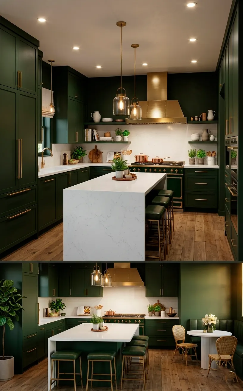 Dark moss green kitchen cabinets with brushed gold handles and white quartz countertops.
