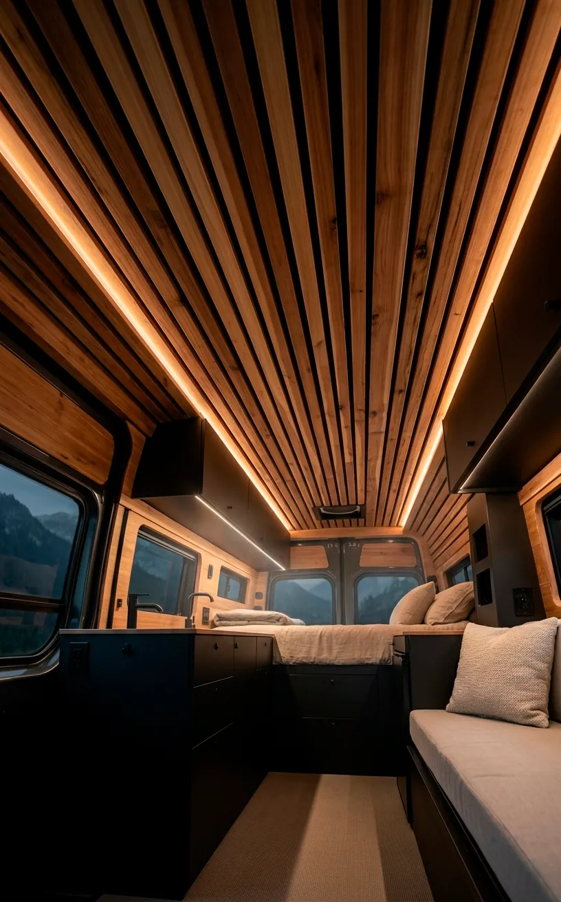 Professional camper van interior featuring a warm cedar wood slatted ceiling with hidden lighting.