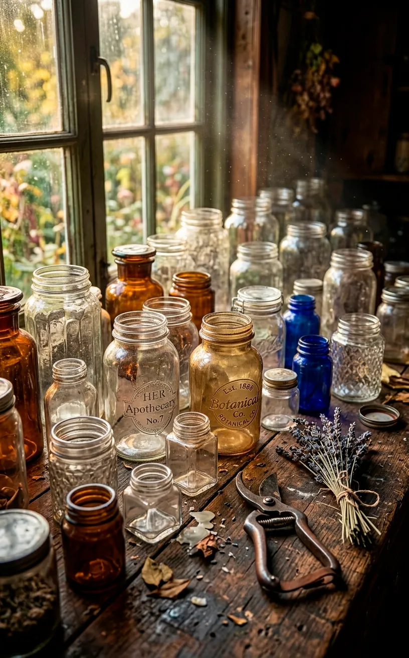 Collection of various glass jars on a wooden workbench ready for a DIY vintage vase project.