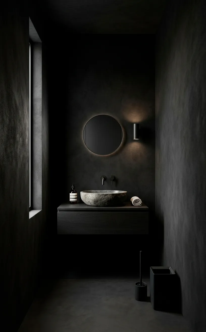 Modern powder room with matte black suede walls and a floating oak vanity.