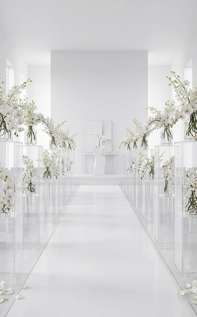 Tall clear acrylic pedestals with white orchids in a minimalist modern wedding ceremony aisle.