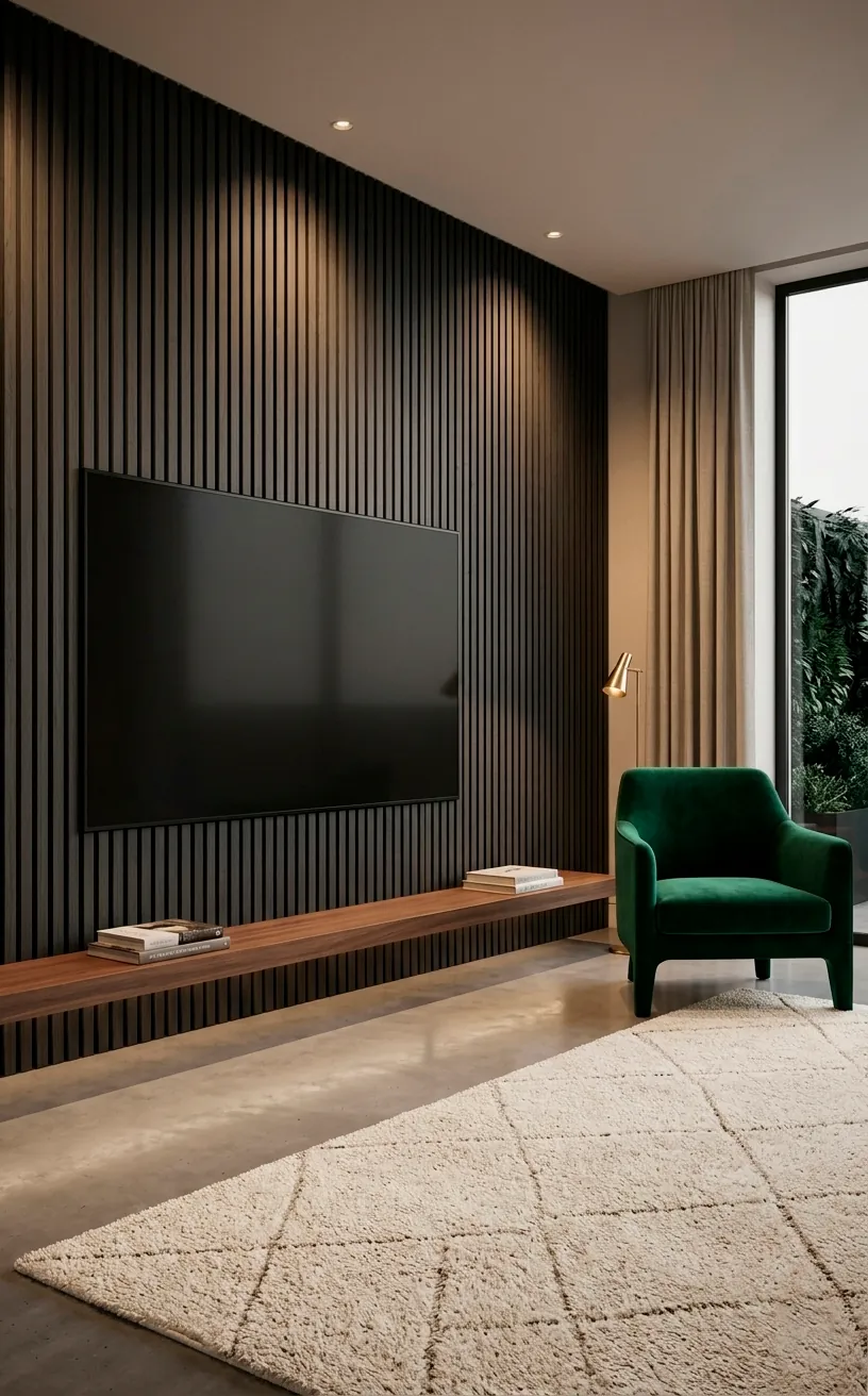 Sleek wall-mounted TV on dark wood slats with hidden cables and a minimalist walnut floating console.