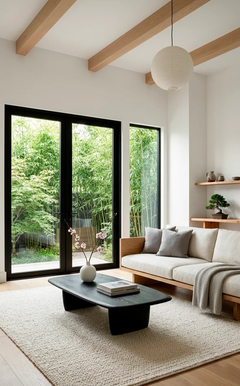 Japandi living room with pure white walls and black wood coffee table.