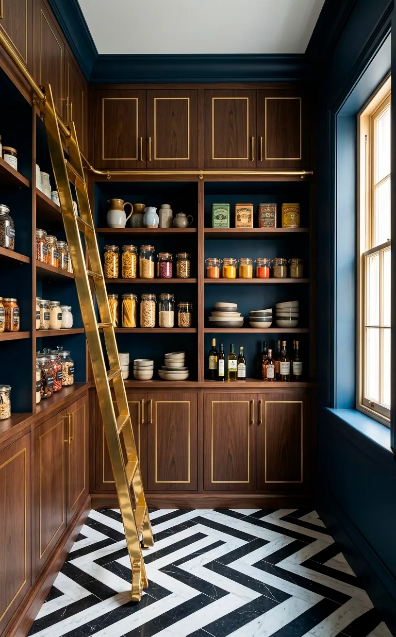 Full view of a luxury Art Deco pantry with navy cabinets and a brass rolling ladder.