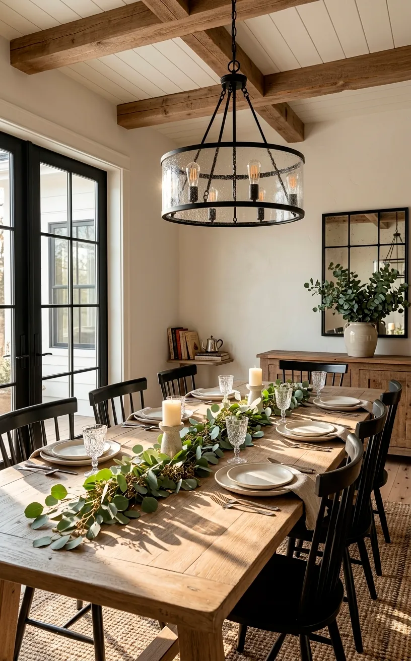 A bright farmhouse dining room with Alabaster white walls and a rustic wooden table.
