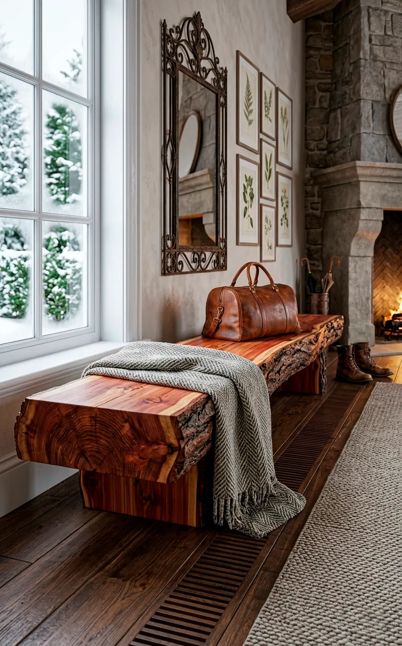 A massive live-edge cedar bench in a sunlit winter foyer with a cozy wool throw.