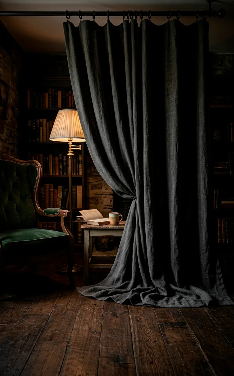 Heavy charcoal linen curtains in a dark cottagecore reading nook with vintage chair.