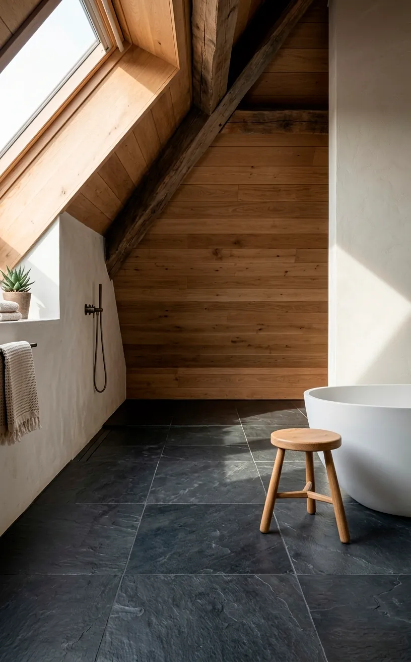 Large dark grey slate floor tiles in a modern attic bathroom with soft natural sunlight and shadows.