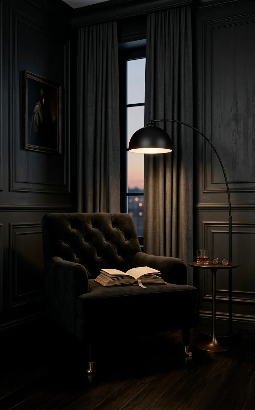 Moody black reading nook with velvet chair and matte black lamp in a dark wood-paneled room.