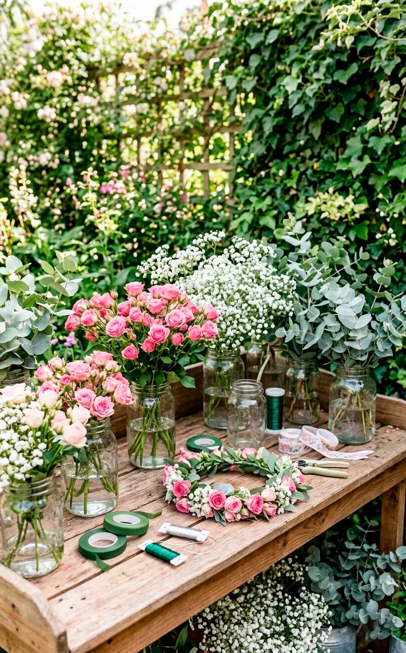 DIY floral crown station with fresh roses and eucalyptus on a rustic wooden bench.