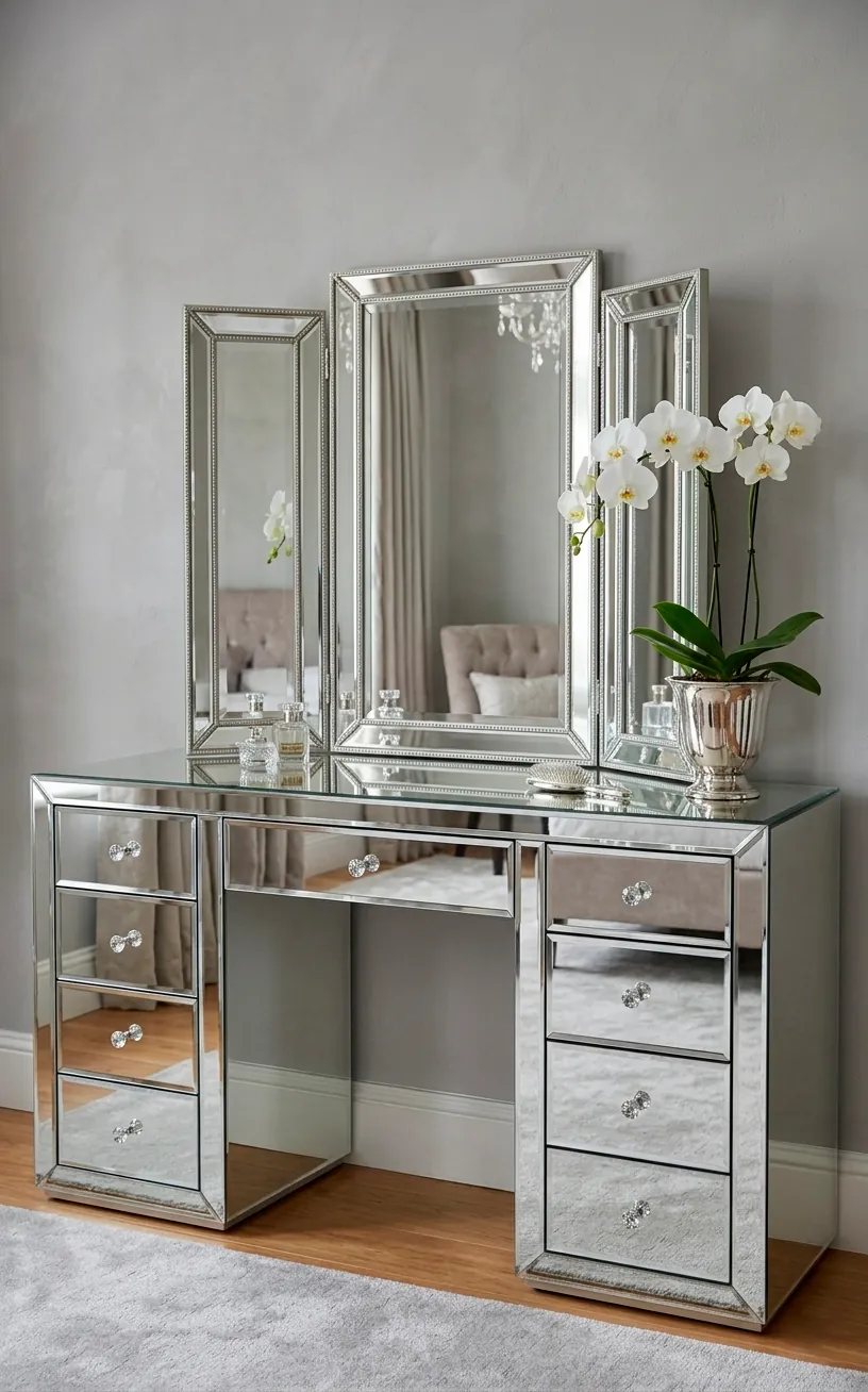 Elegant mirrored vanity desk with crystal handles in a glamorous dressing room.