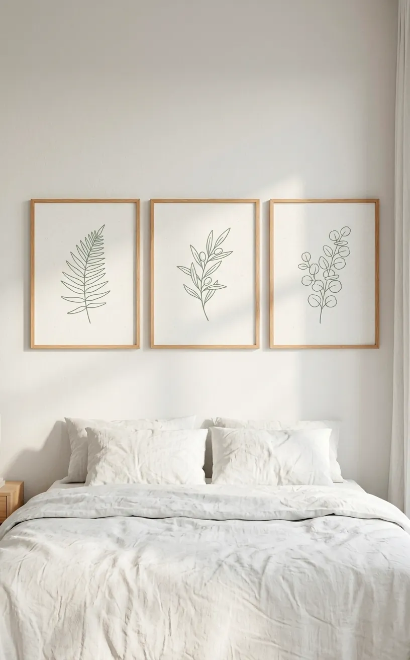 Three botanical line art prints in sage green with light oak frames hanging on a white wall.