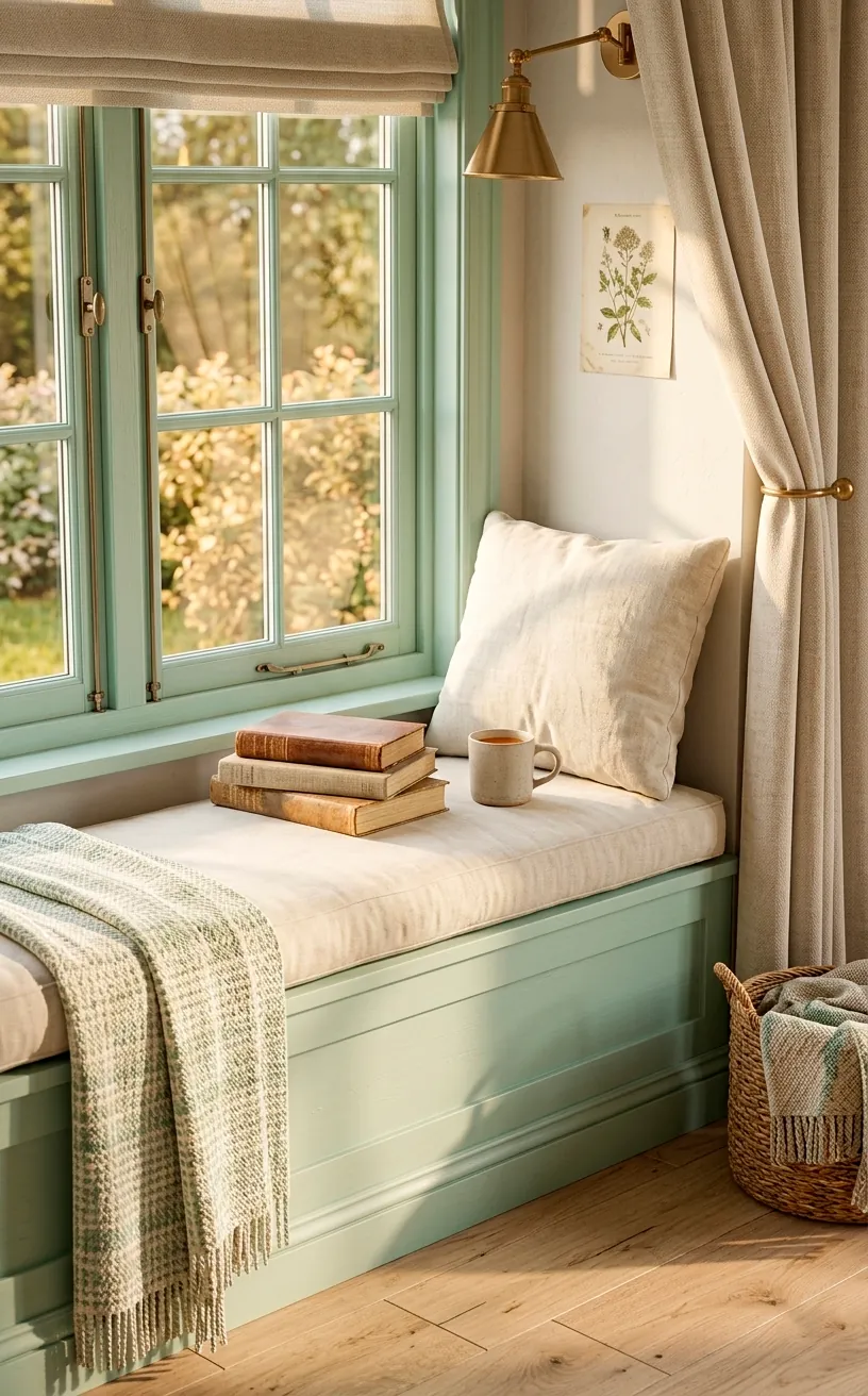 Soft mint green window seat with cream cushions and vintage books in a sunlit reading nook area.