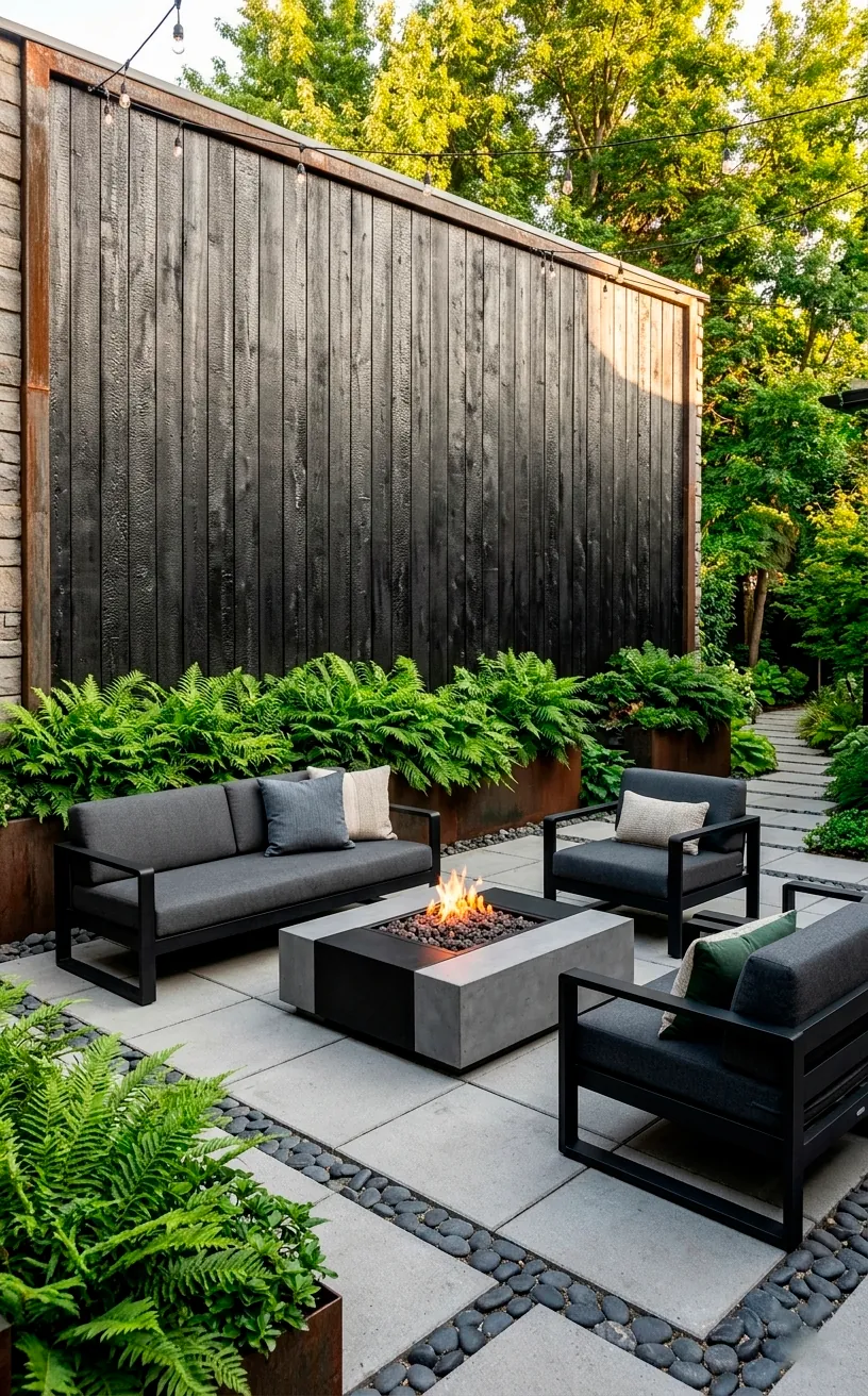 Modern backyard patio with charred wood walls and a fire pit.