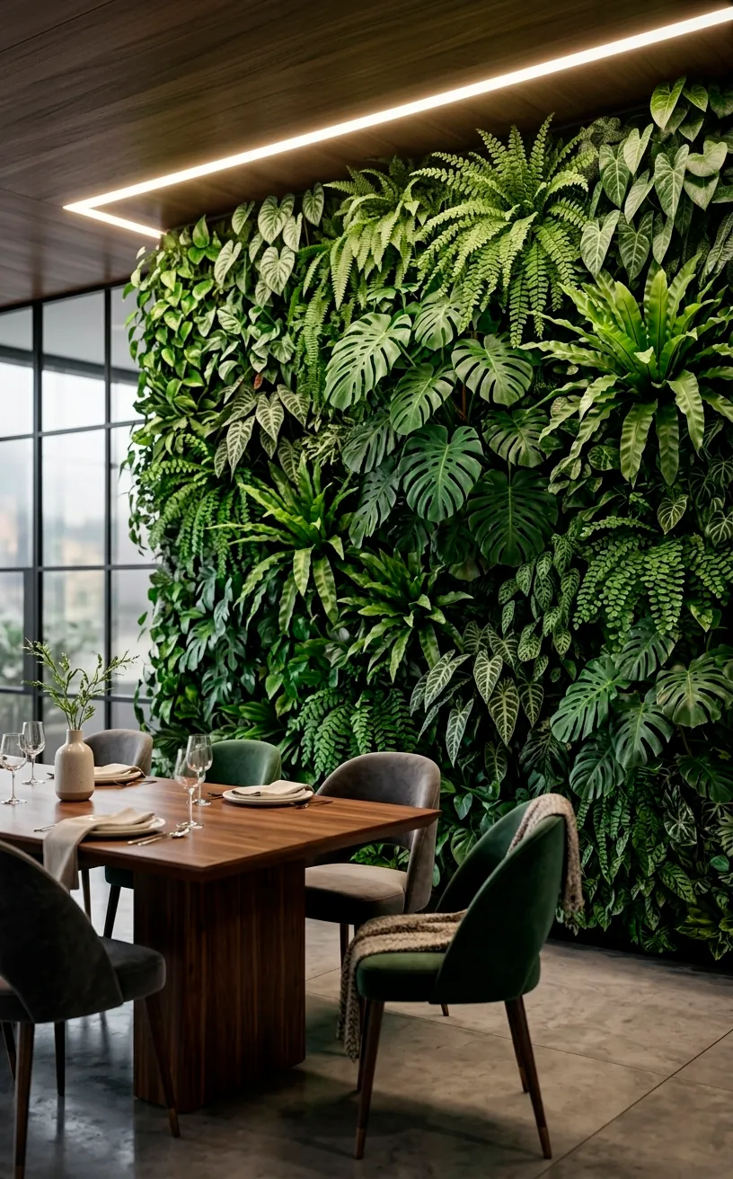 A floor-to-ceiling vertical living wall garden with lush tropical plants in a modern dining room.
