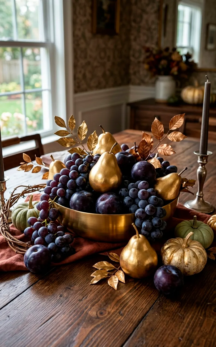 Centerpiece of purple grapes and gold-painted pears on a dark wood table.