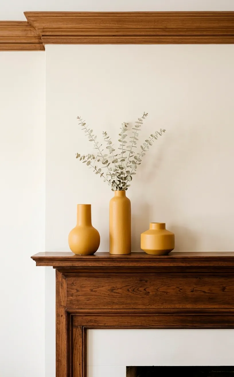Trio of matte mustard yellow ceramic vases on a wooden fireplace mantel with eucalyptus.