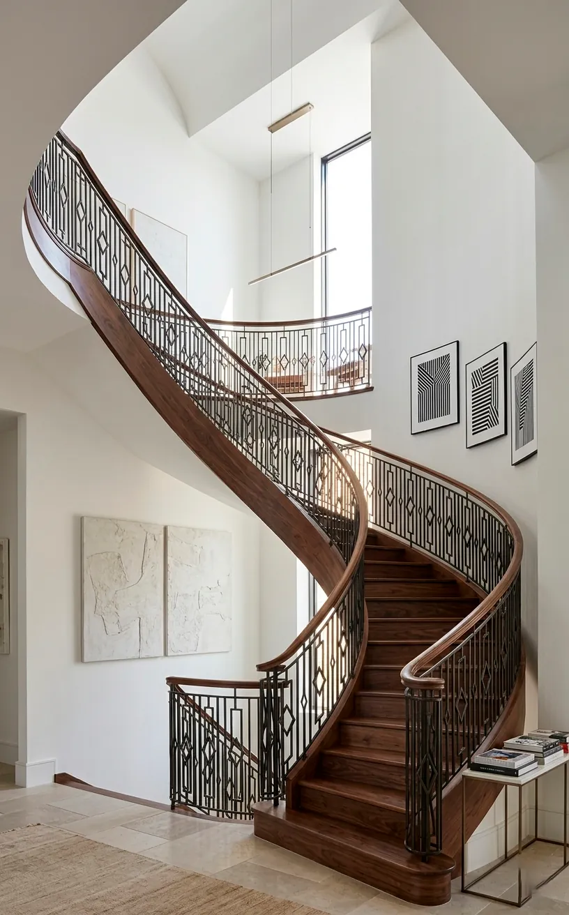 Geometric iron staircase railing with diamond patterns and dark walnut wood steps.
