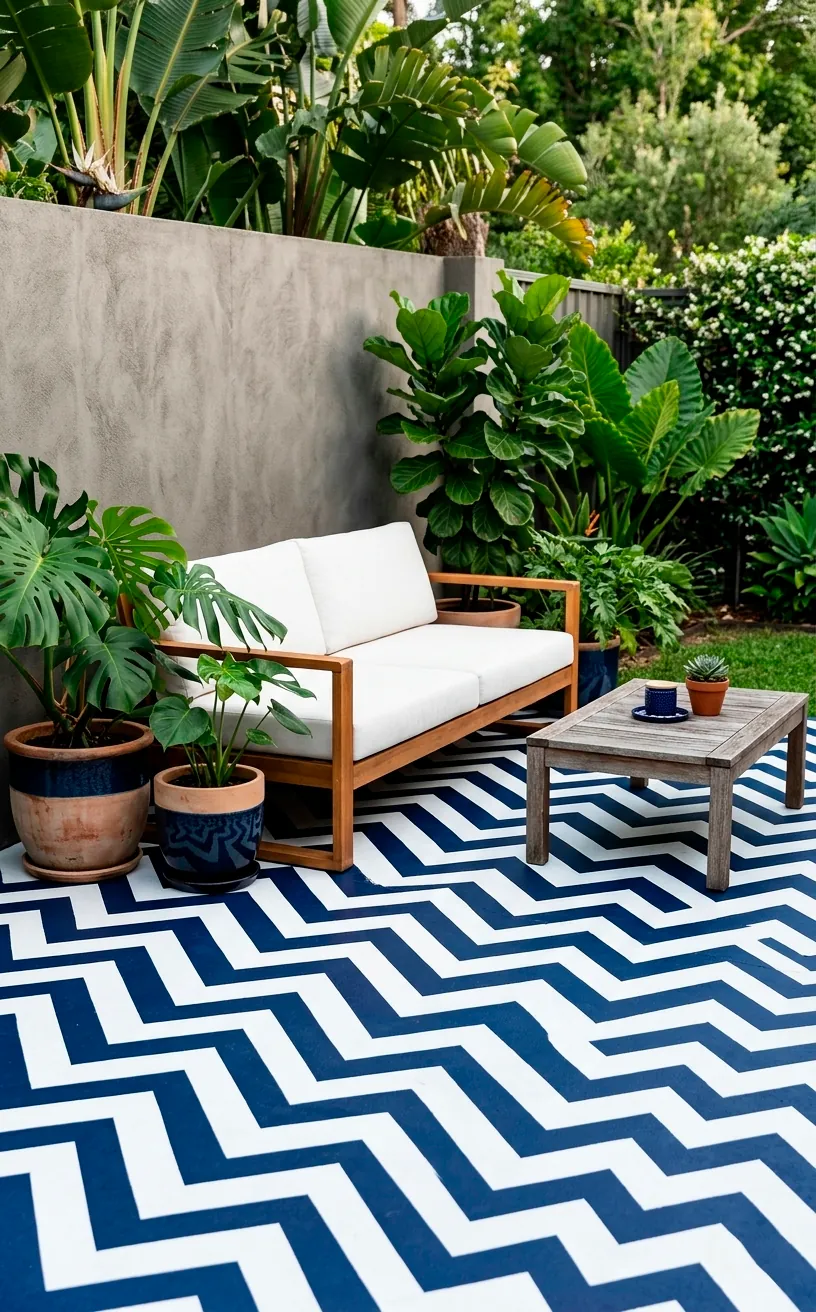 A modern patio featuring a navy and white painted chevron floor pattern and wooden furniture.