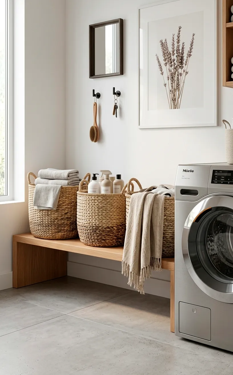 Three woven seagrass baskets on a wooden shelf in a bright modern laundry room.