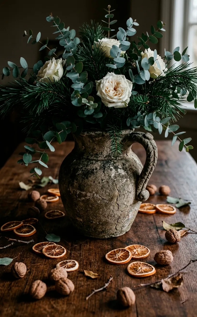 Large stone pitcher centerpiece with eucalyptus, pine, and white roses on a holiday table.
