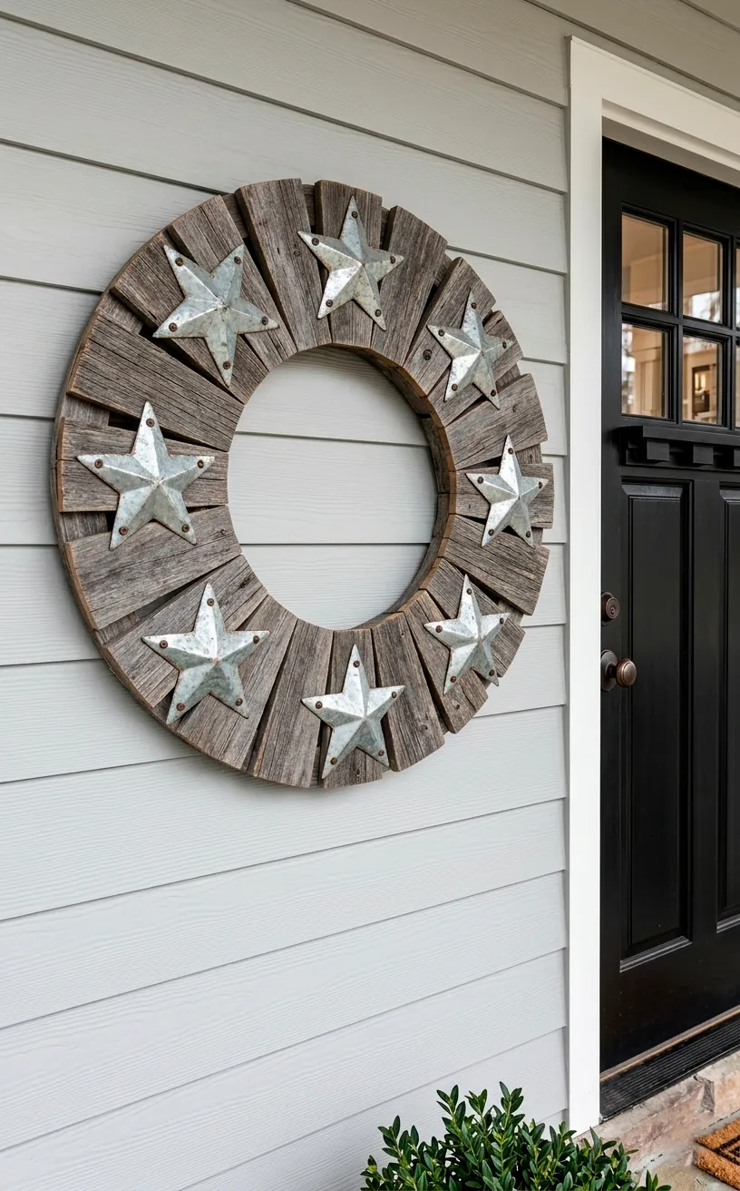 Reclaimed wood and galvanized metal star wreath on a modern farmhouse exterior.