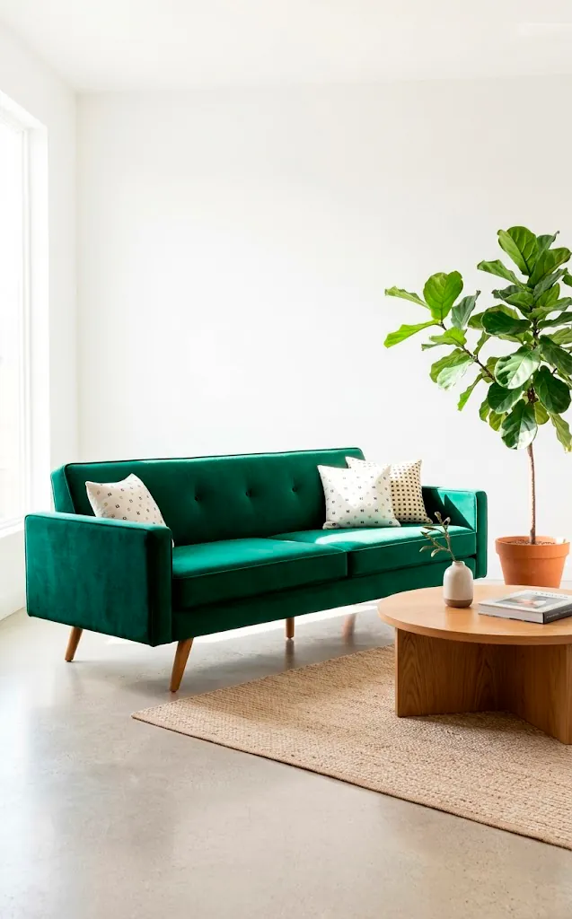 Mid-century modern emerald velvet sofa with tapered legs in a bright, minimalist living room.